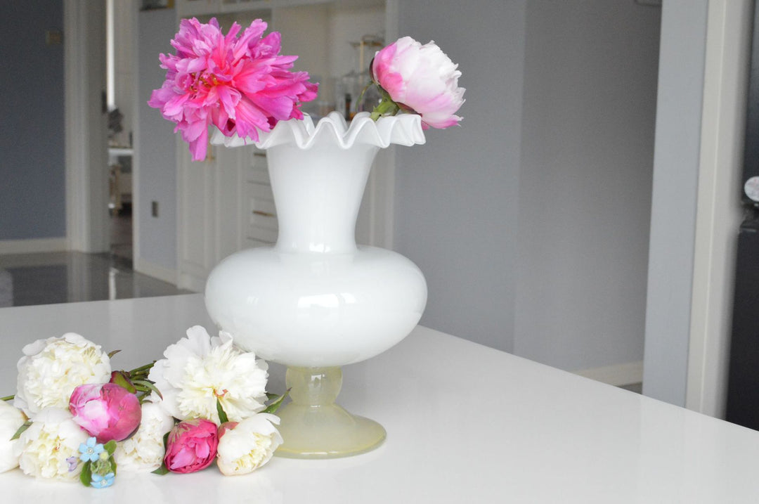 Handblown Fluted Pedestal Art Glass Trumpet Vase Kalsten