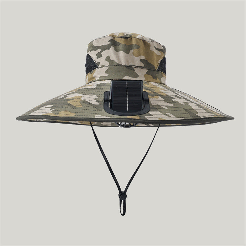 Wide-brimmed outdoor sun hat with solar-powered micro fan, breathable mesh and adjustable chin strap Kalsten