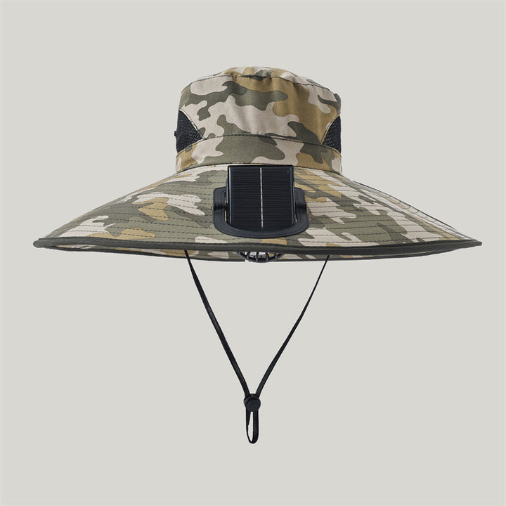 Wide-brimmed outdoor sun hat with solar-powered micro fan, breathable mesh and adjustable chin strap Kalsten