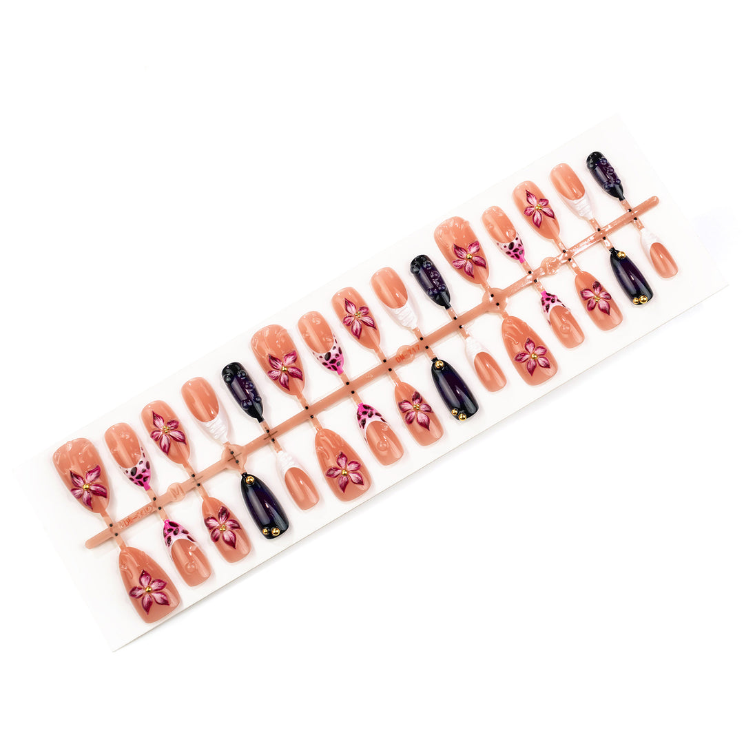 Artistic Press-On Nail Art Set with Floral Accents Kalsten