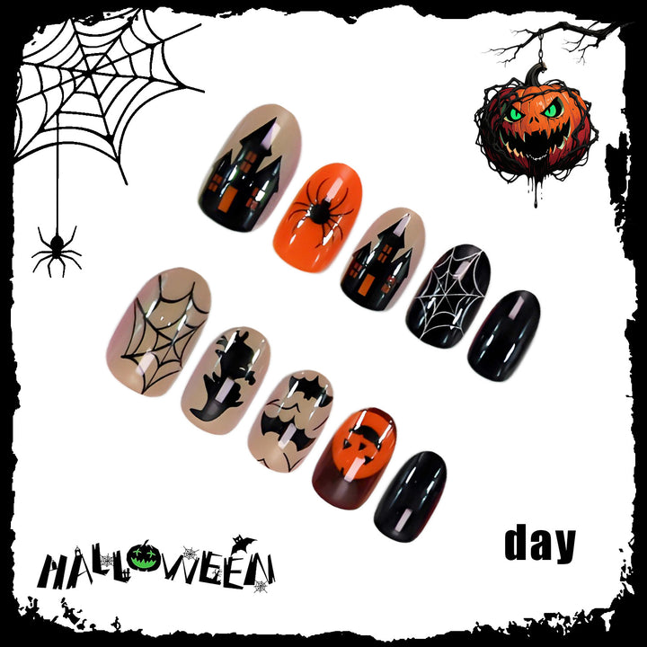 Halloween Artificial Nail Set with Creative Spider and Pumpkin Designs Kalsten