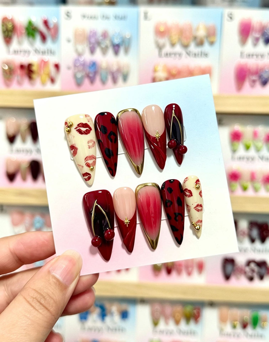 Artistic Press-On Nail Set with Unique Lip and Animal Print Designs
