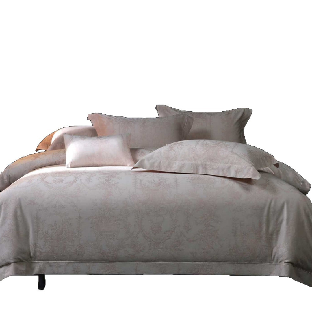 Fine woven jacquard bedding set with tone-on-tone ornamentation and flap edge