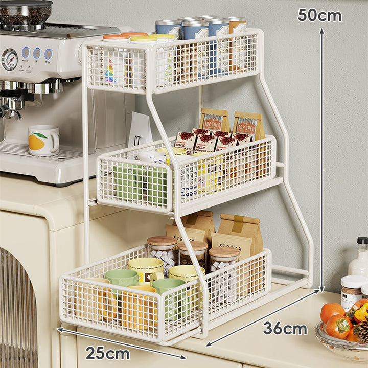 Three-Tier Angled Metal Mesh Countertop Pantry Organizer with Stackable Wire Baskets