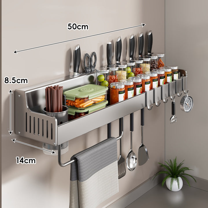 Wall-Mounted Stainless Steel Kitchen Rail with Knife Slots Spice Jar Shelf Multi-Hook Towel Bar