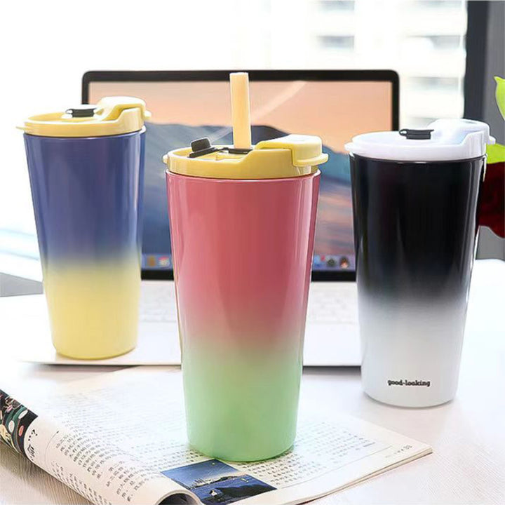 Double-Wall Vacuum Insulated Travel Tumbler With Leakproof Flip Straw Lid And Silicone Stopper