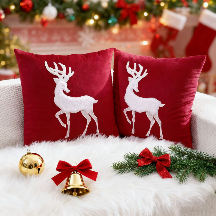 Velvet Embroidered Festive Accent Pillow Cover with Metallic Script