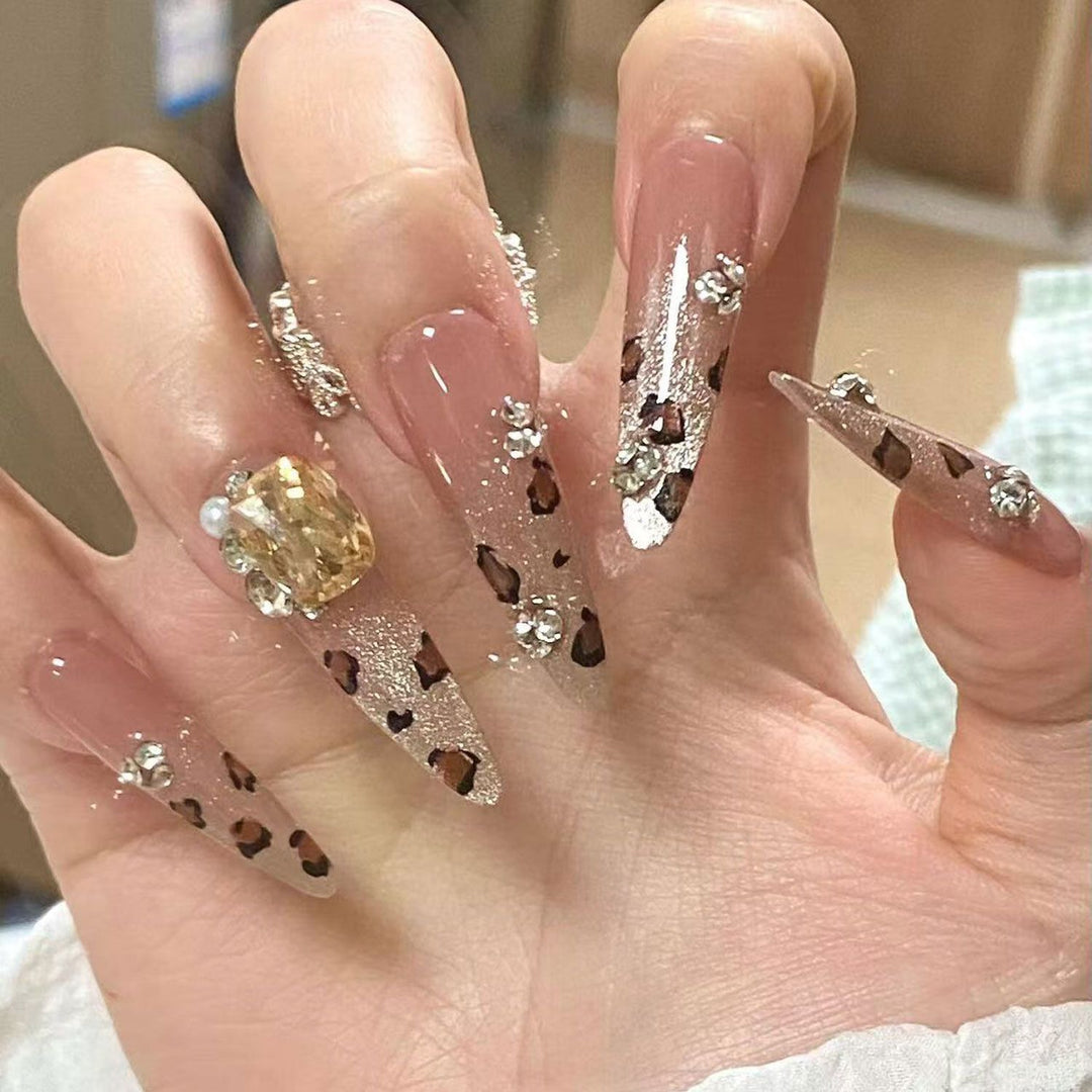 Artistic Stiletto Press-On Nails with Glitter and Leopard Design Kalsten