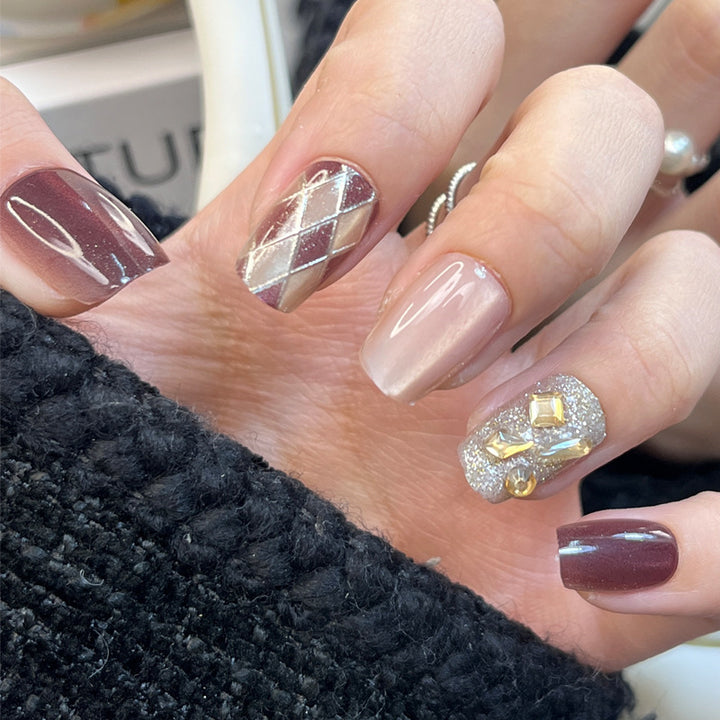 Glamorous Press-On Nail Set with Decorative Gemstone Accents Kalsten