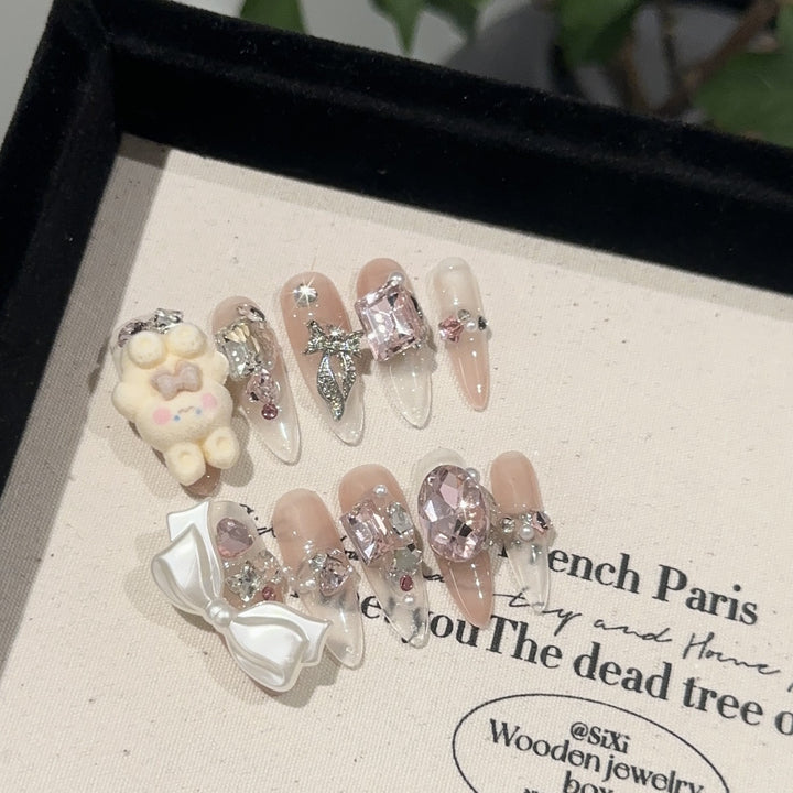 Artistic Press-On Nail Set with Unique 3D Charms