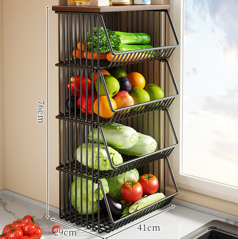 Countertop Wooden Top Metal Wire Fruit and Vegetable Storage Rack