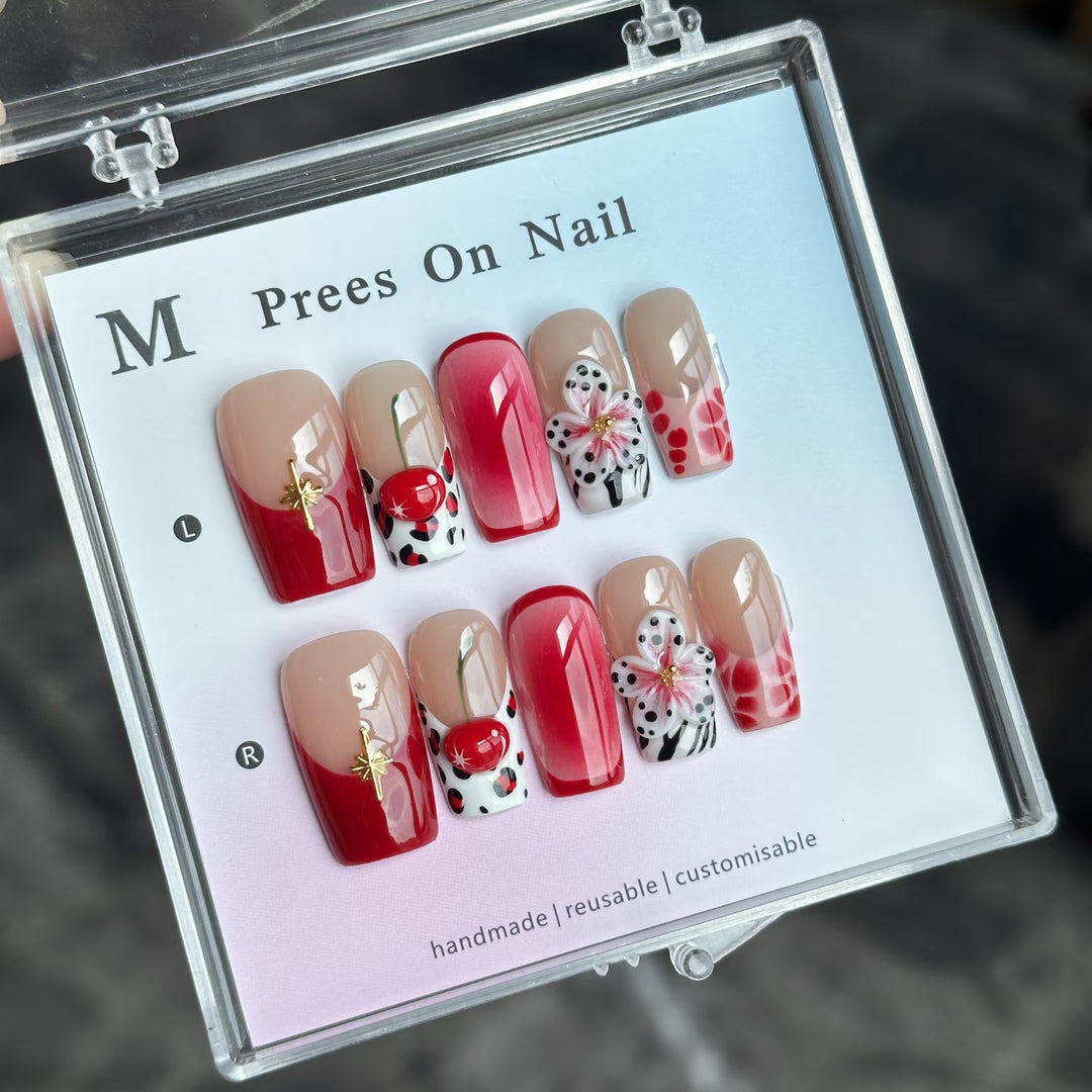 Artistic Press-On Nail Set with Floral and Fruit Designs