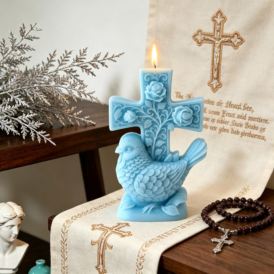 Ornamental Cross and Dove Candle