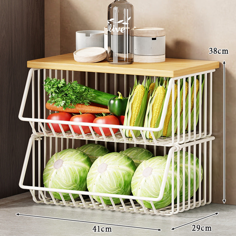 Slim Vertical Rolling Wire Produce and Pantry Organizer Cart with Wood Top