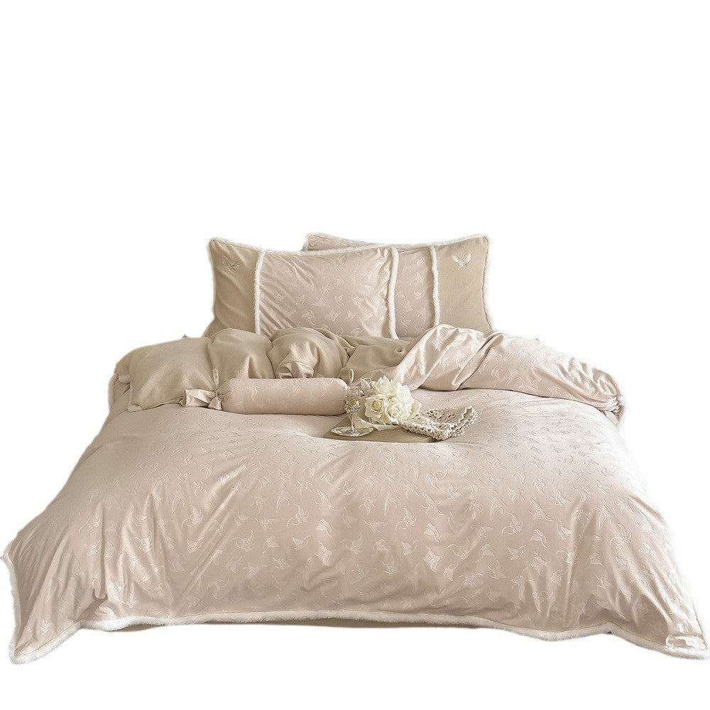 Premium cotton satin duvet cover with floral minimal embroidery and cozy sherpa edge