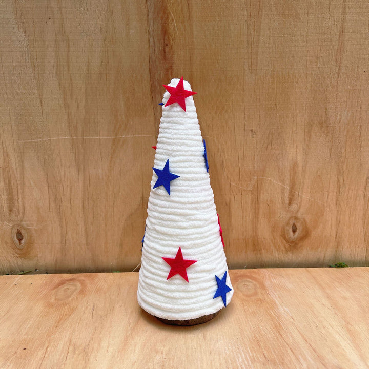 Unisex decorative table top Christmas tree made of felt and knitted structure with star appliqués Kalsten