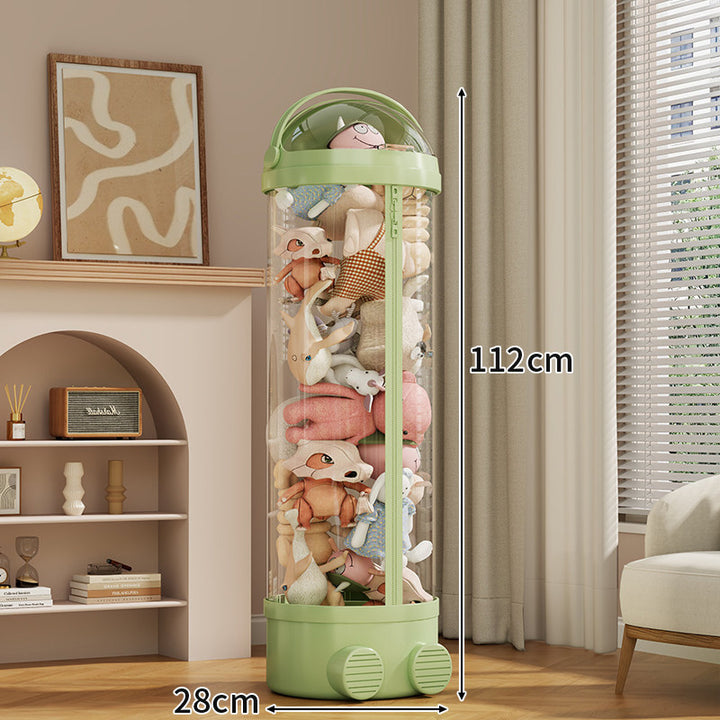 Tall Cylindrical Toy and Plush Storage Organizer with Clear Zip Cover and Rolling Vent Base