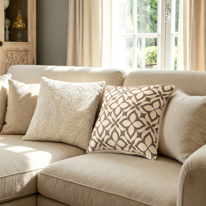 Embroidered decorative cushion cover with paisley relief texture