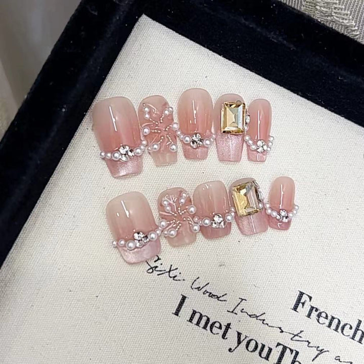 Elegant Press-On Nail Art Set with Pearl and Rhinestone Accents Kalsten
