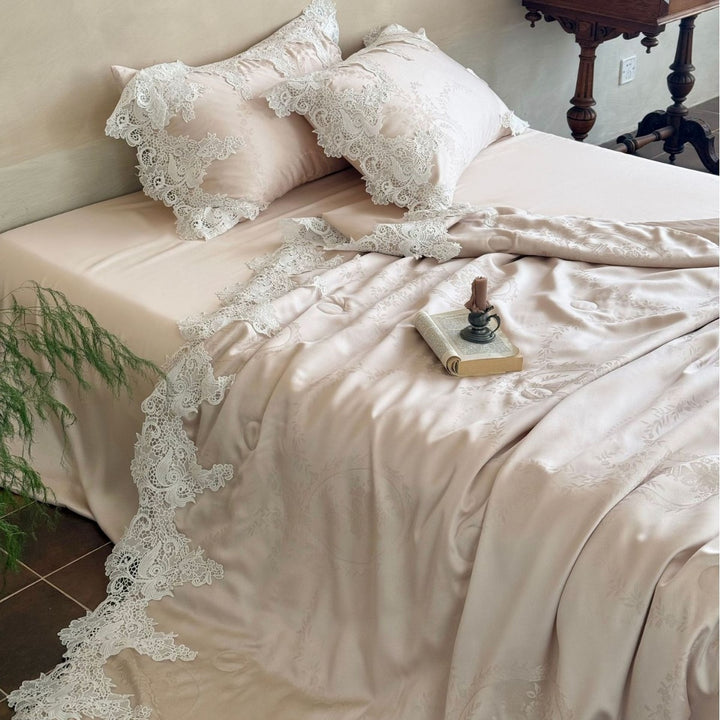 Luxurious satin bedding set with floral jacquard texture and lace trim