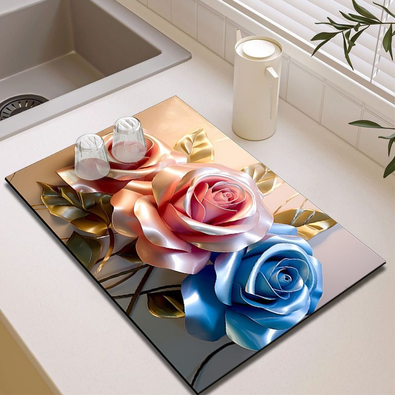Elegant Floral Design Kitchen Mat