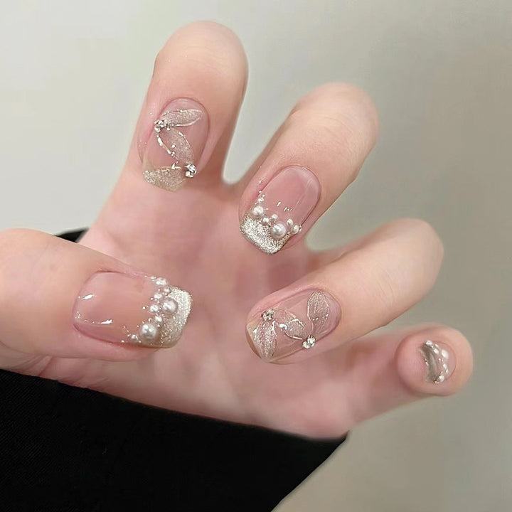 Luxurious Decorative Press-On Nail Set with Pearl and Gemstone Accents Kalsten