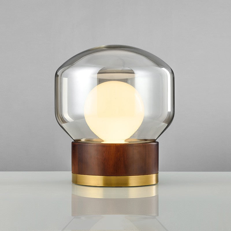 Modern Glass Table Lamp with Wooden Base and Gold Accents
