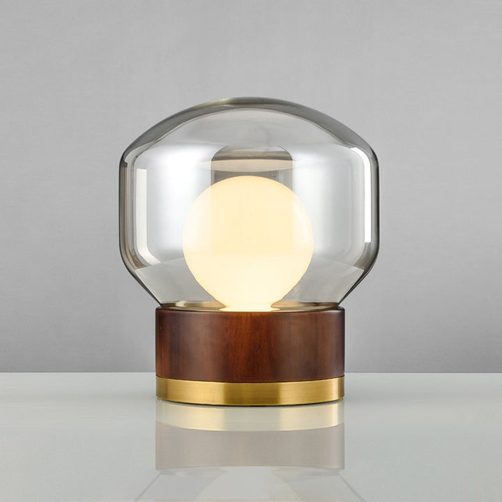 Modern Glass Table Lamp with Wooden Base and Gold Accents