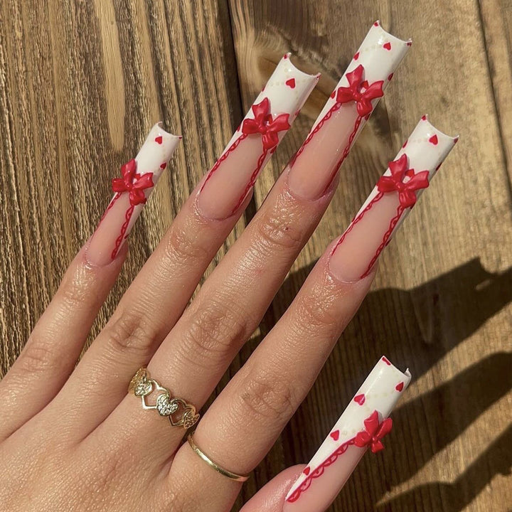 Decorative Press-On Nail Set with Heart and Bow Accents Kalsten