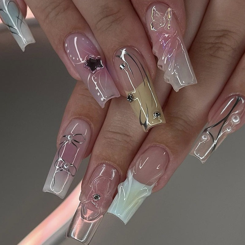 Artifical Nail Set with Elegant Ombre Designs and Glitter Accents Kalsten