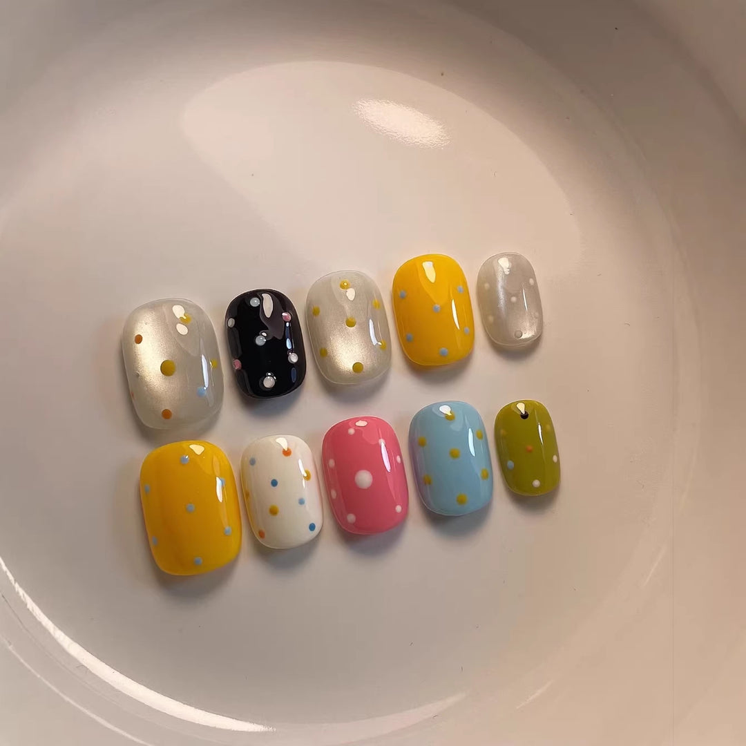 Artistic Press-On Nail Set with Colorful Dot Patterns