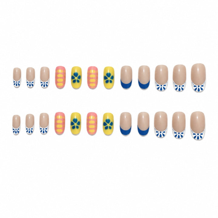 Artistic Press-On Nail Set with Floral and Geometric Designs Kalsten