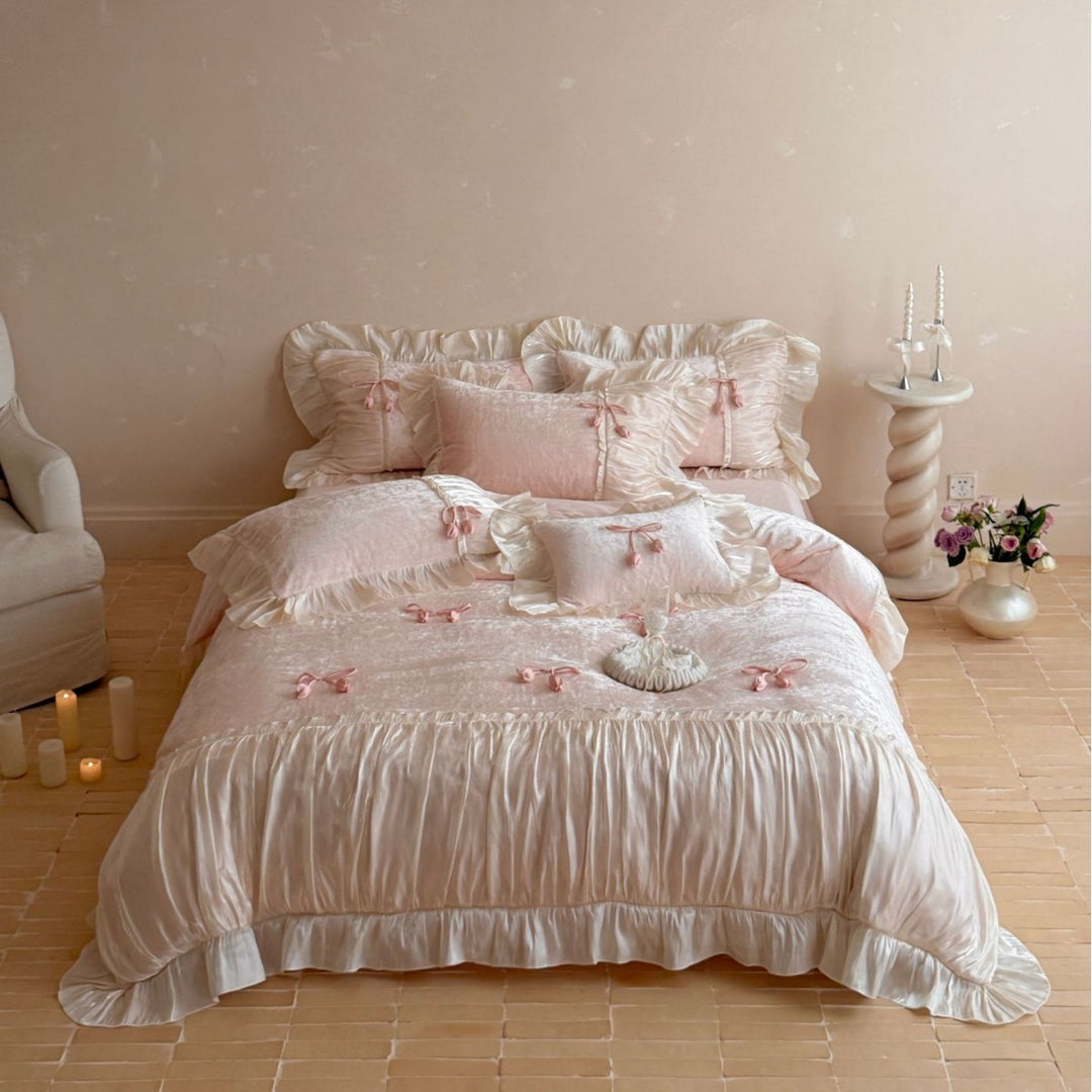 Velvet Bedding Set with Ruffles and Lace Trim