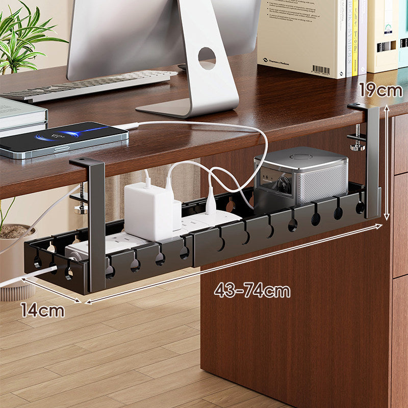 Under-Desk Adjustable Power Strip and Cable Management Tray with Clamp Mount