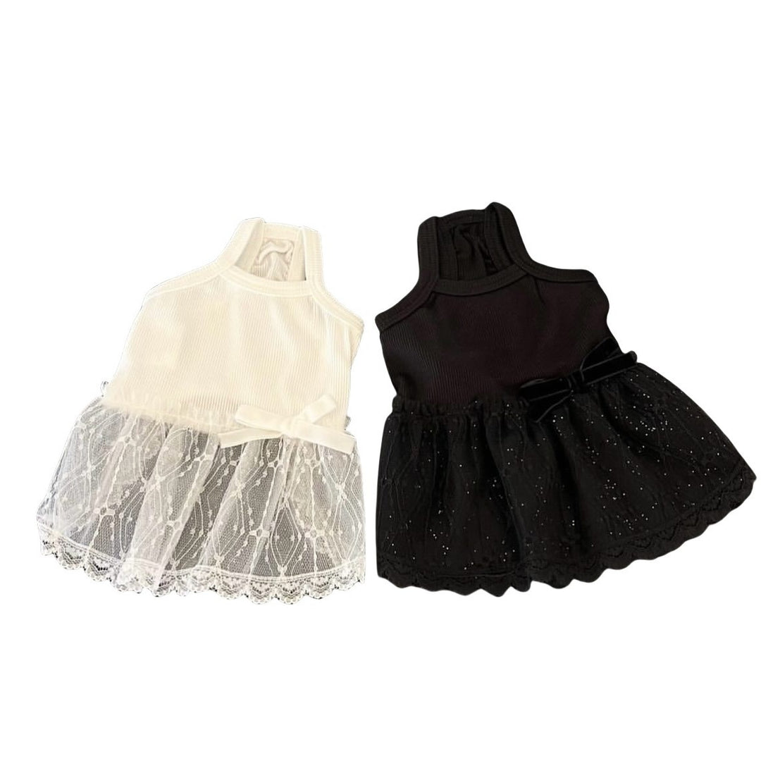 Delicate Lace Tulle Pet Dress with Ribbed Bodice & Decorative