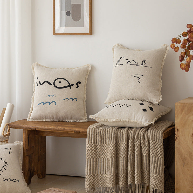 Decorative Embroidered Fish & Waves Fringe Throw Pillow with Linen-Blend Cover