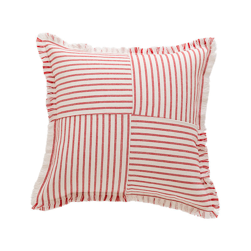 Decorative Rectangular Striped Patchwork Throw Pillow with Fringed Edges