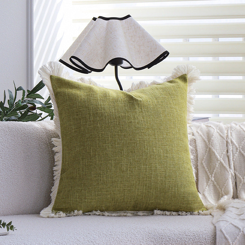Rectangular cushion cover with woven linen look and decorative fringed edge Kalsten