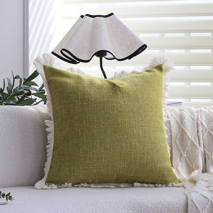 Rectangular cushion cover with woven linen look and decorative fringed edge Kalsten