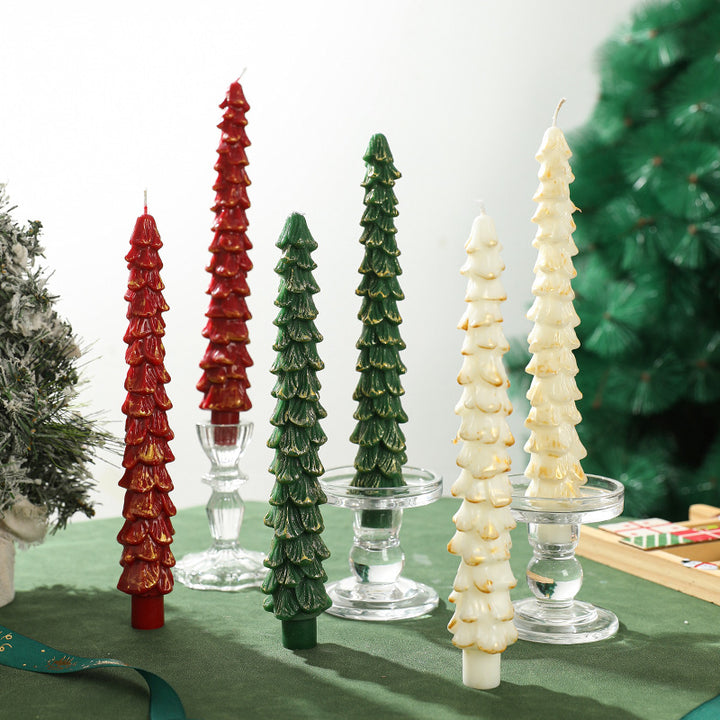 Sculpted Evergreen Tree Taper Candle Set Decorative Holiday Table Candles