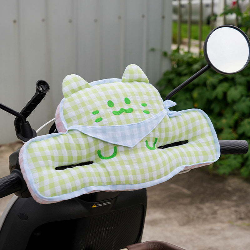 Plush handlebar cover for electric scooter with integrated hand warmer and cute cat design