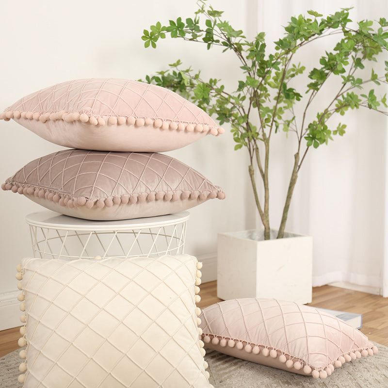 Decorative Velvet Pom-Pom Grid Tufted Throw Pillow Cover