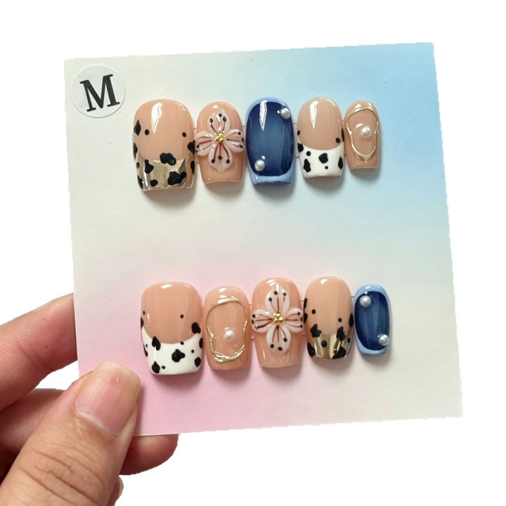 Artistic Press-On Nail Set with Floral and Geometric Designs