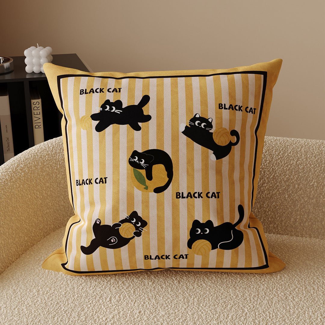 Decorative Striped Cotton-Linen Throw Pillow Cover with Playful Black Cat Motif