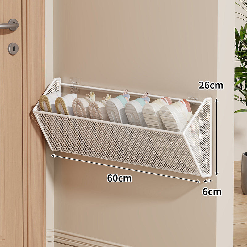 Wall-Mounted Mesh Shoe Basket Organizer with Tilted Slipper Rack