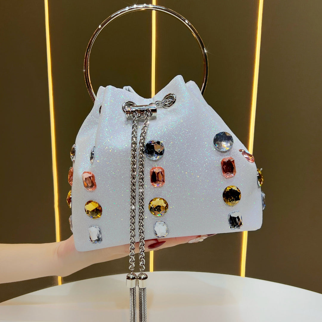 Sparkling Rhinestone-Embellished Drawstring Handbag