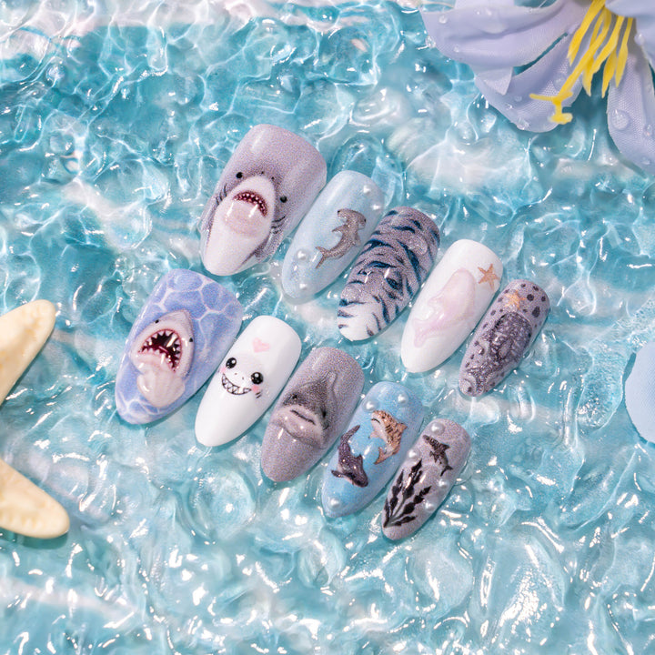 Whimsical Shark-Themed Press-On Nail Art Set