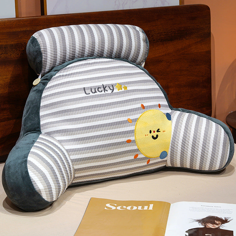 Padded reading pillow with neck roll and armrests made of plush