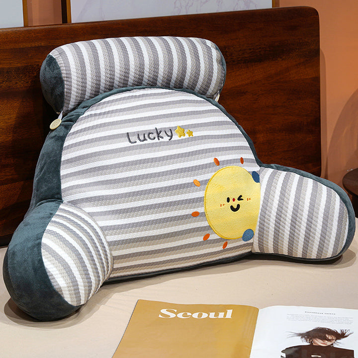 Padded reading pillow with neck roll and armrests made of plush
