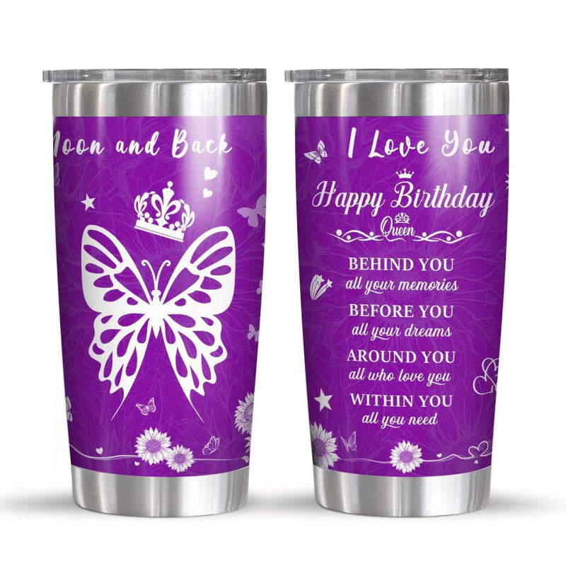 Double-Wall Vacuum Insulated Stainless Steel Travel Tumbler With Spill-Resistant Lid And Printed Cow Sunflower Design